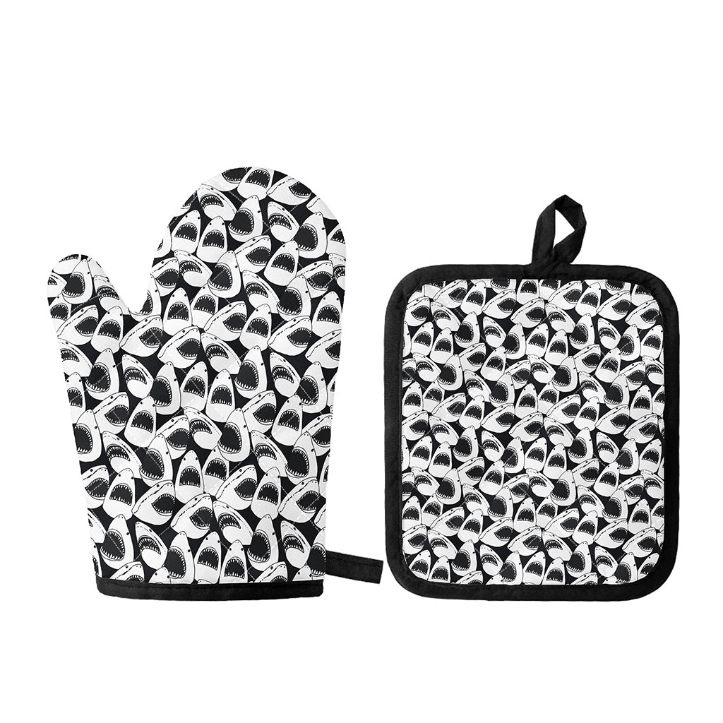 White And Grey Shark Pattern Print Oven Mitt And Pot Holder Set