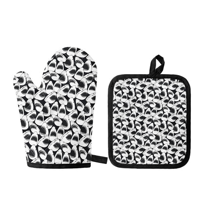 White And Grey Shark Pattern Print Oven Mitt And Pot Holder Set