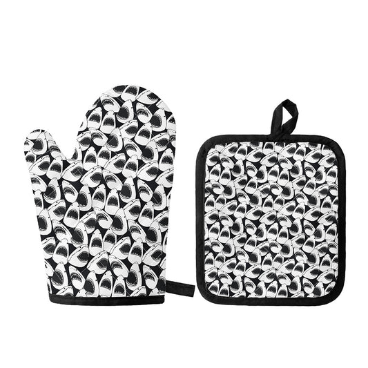 White And Grey Shark Pattern Print Oven Mitt And Pot Holder Set