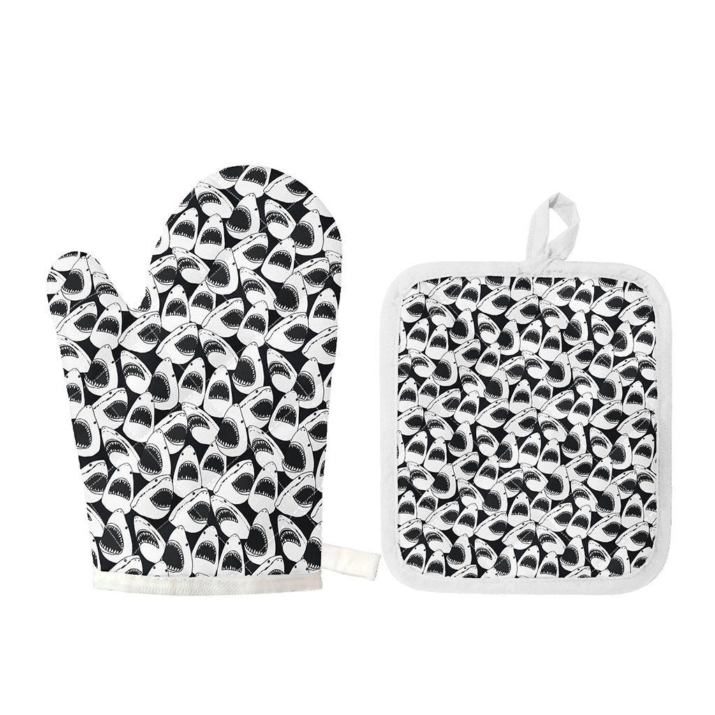 White And Grey Shark Pattern Print Oven Mitt And Pot Holder Set