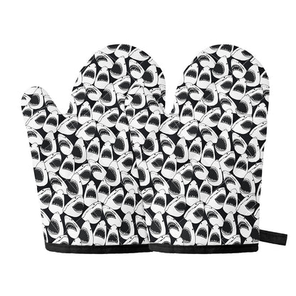 White And Grey Shark Pattern Print Oven Mitts