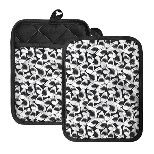 White And Grey Shark Pattern Print Pot Holders With Pocket