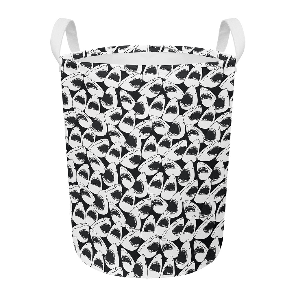 White And Grey Shark Pattern Print Round Laundry Basket