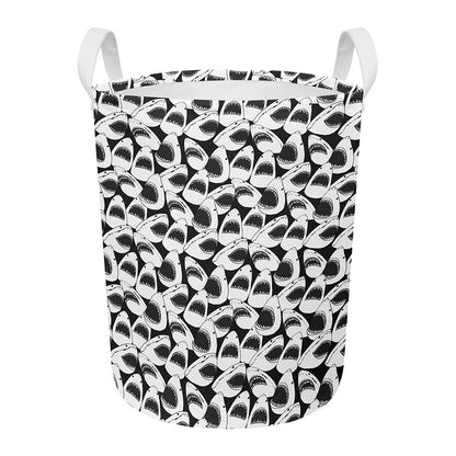 White And Grey Shark Pattern Print Round Laundry Basket
