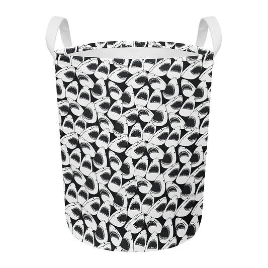 White And Grey Shark Pattern Print Round Laundry Basket