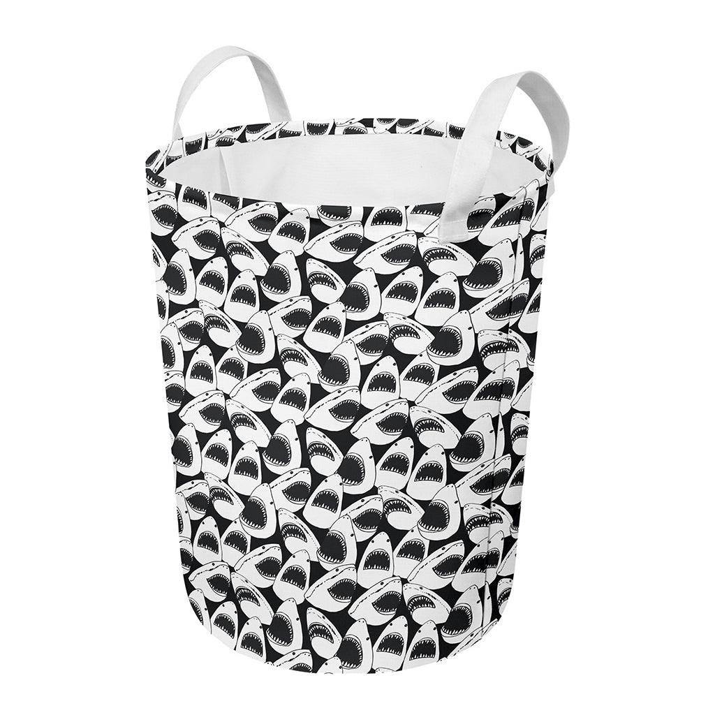 White And Grey Shark Pattern Print Round Laundry Basket