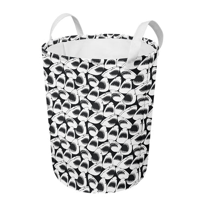 White And Grey Shark Pattern Print Round Laundry Basket