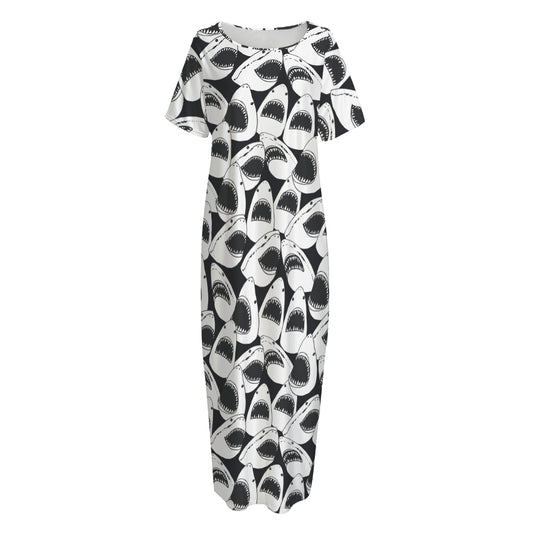 White And Grey Shark Pattern Print Short Sleeve Long Nightdress