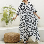 White And Grey Shark Pattern Print Silk V-Neck Kaftan Dress