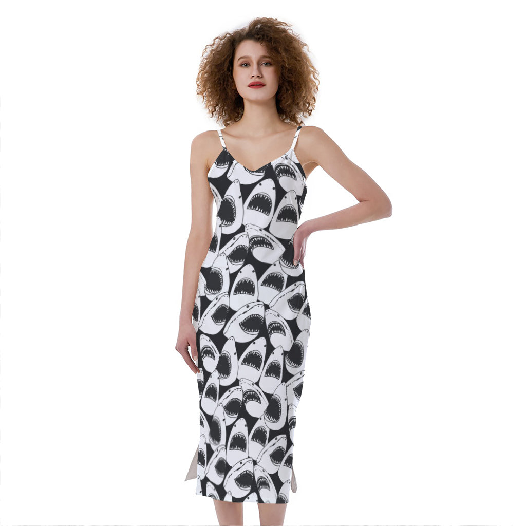 White And Grey Shark Pattern Print Slim Fit Midi Cami Dress