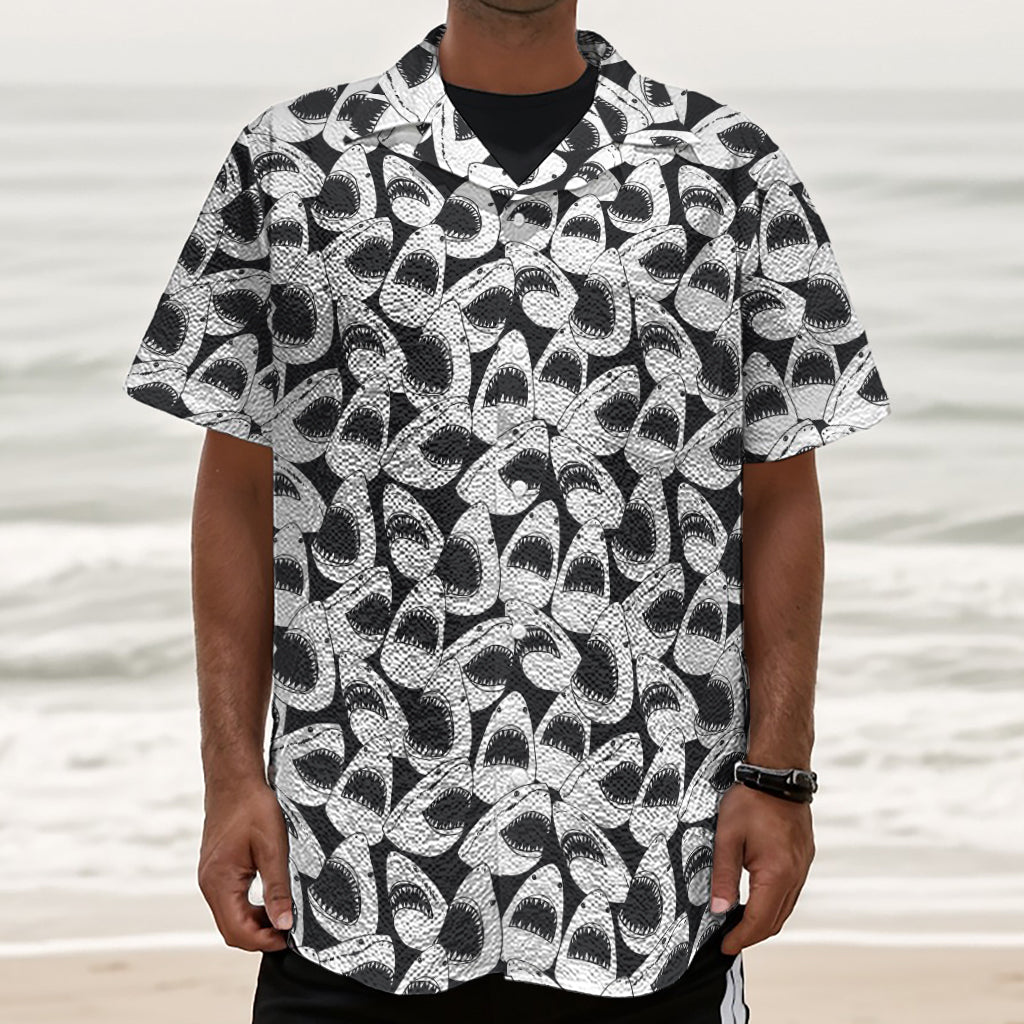 White And Grey Shark Pattern Print Textured Short Sleeve Shirt