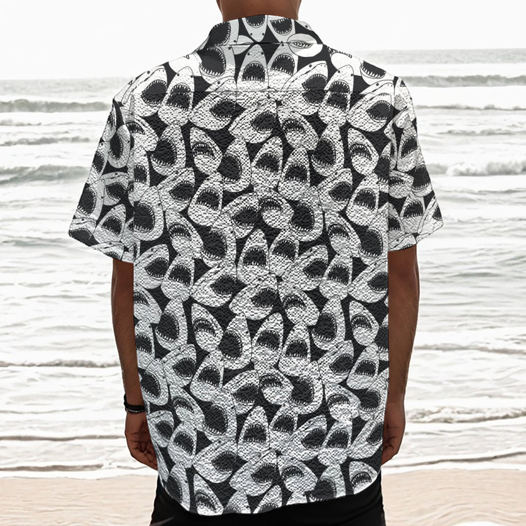 White And Grey Shark Pattern Print Textured Short Sleeve Shirt
