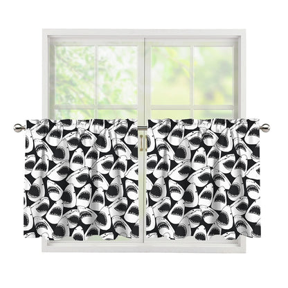 White And Grey Shark Pattern Print Tier Curtains