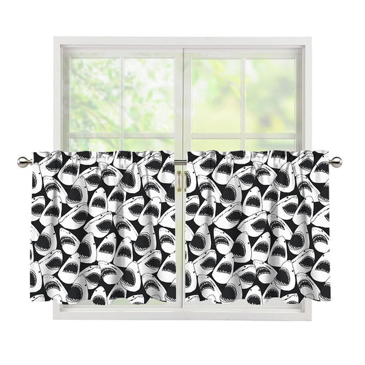 White And Grey Shark Pattern Print Tier Curtains
