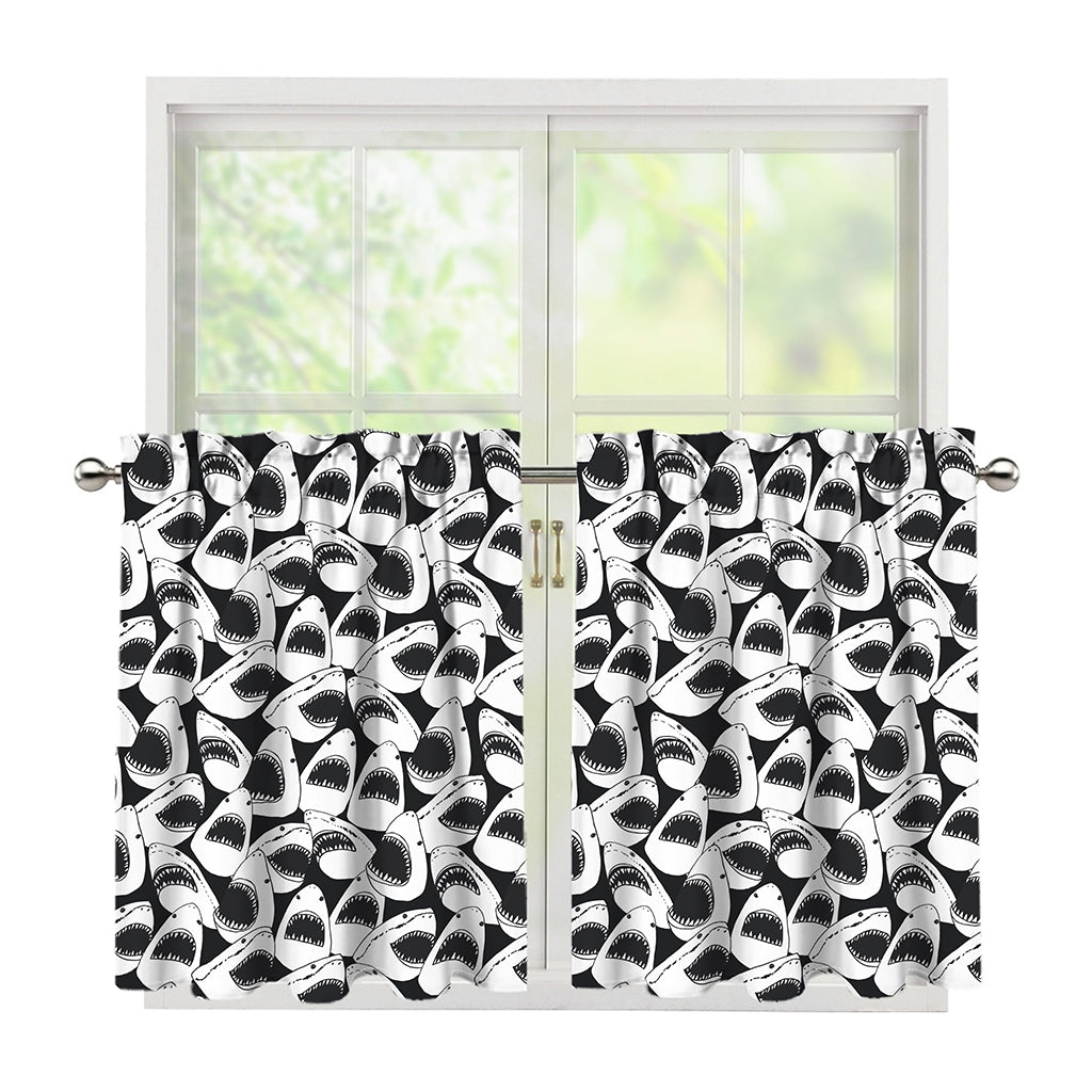 White And Grey Shark Pattern Print Tier Curtains