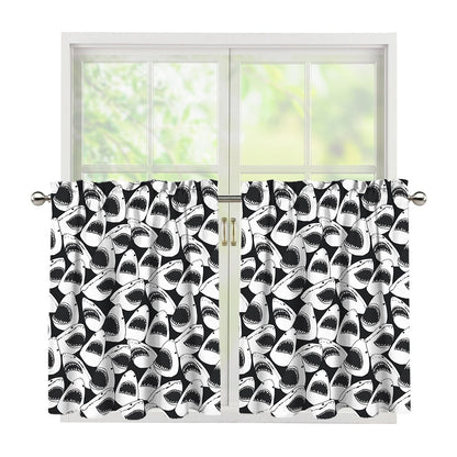 White And Grey Shark Pattern Print Tier Curtains