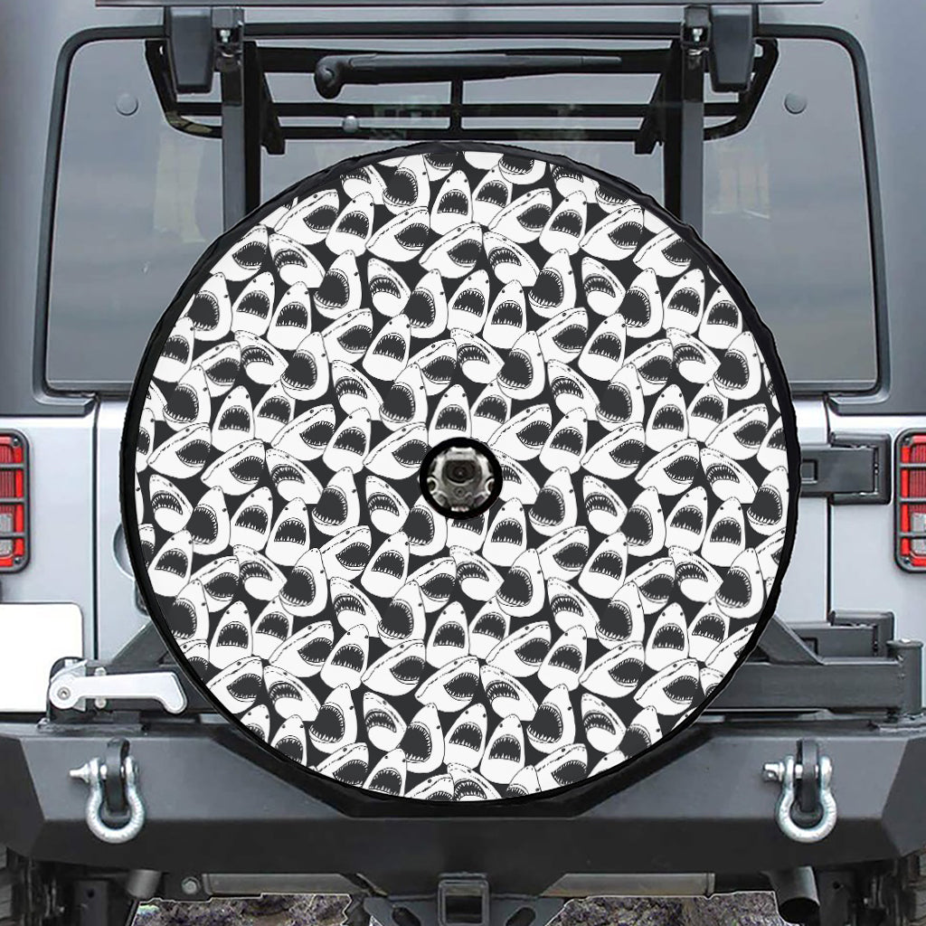 White And Grey Shark Pattern Print Tire Cover With Camera Hole