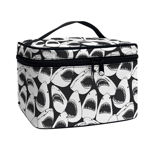 White And Grey Shark Pattern Print Travel Makeup Bag