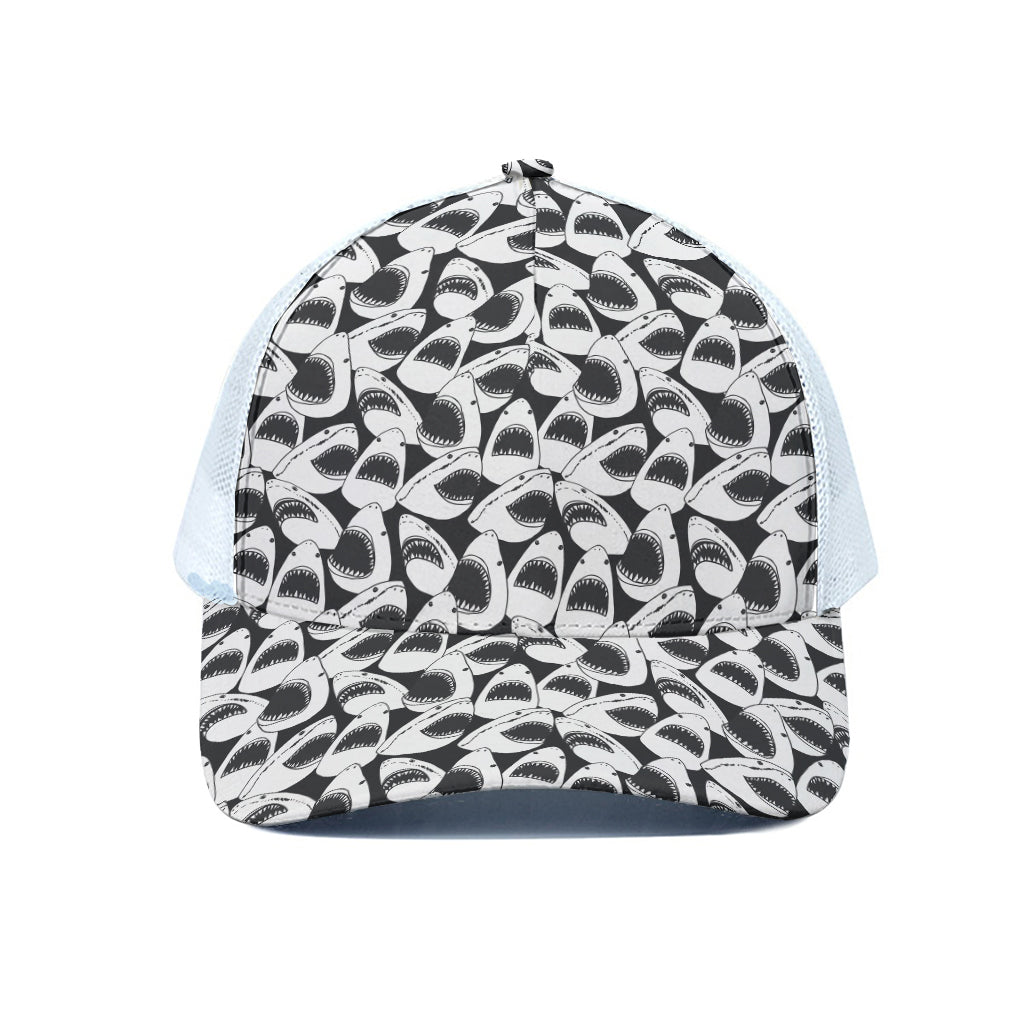 White And Grey Shark Pattern Print White Mesh Trucker Cap