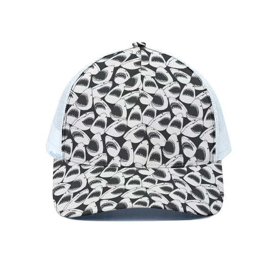 White And Grey Shark Pattern Print White Mesh Trucker Cap