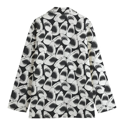 White And Grey Shark Pattern Print Women's Blazer
