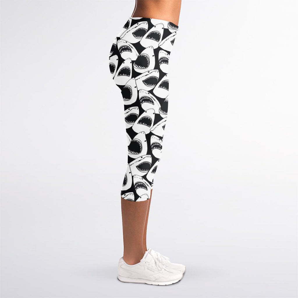 White And Grey Shark Pattern Print Women's Capri Leggings