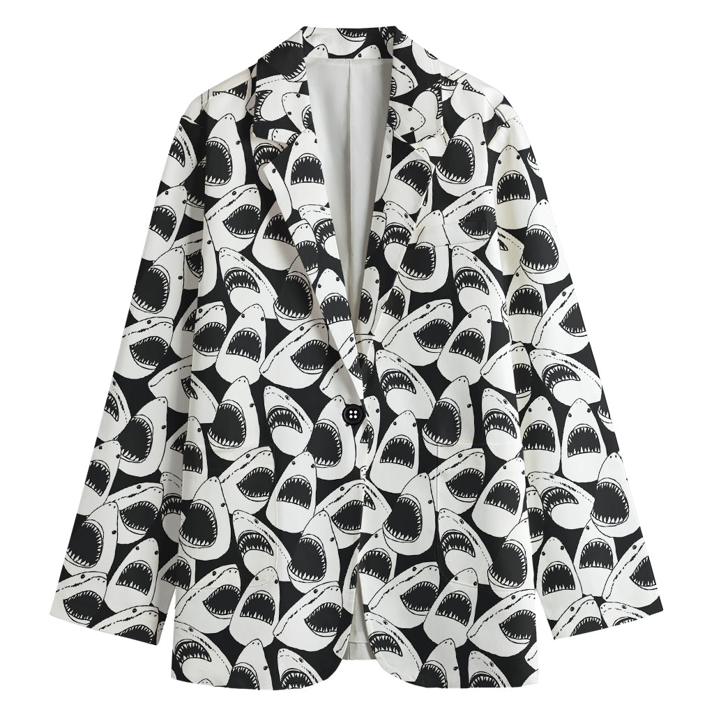 White And Grey Shark Pattern Print Women's Cotton Blazer