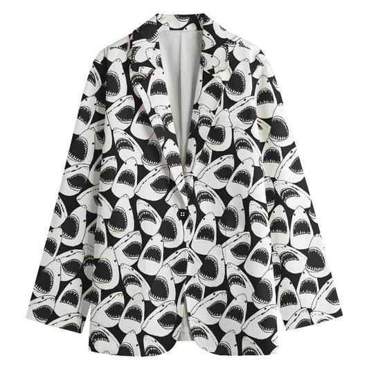 White And Grey Shark Pattern Print Women's Cotton Blazer