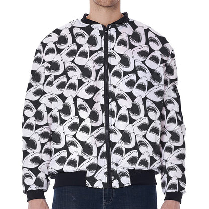 White And Grey Shark Pattern Print Zip Sleeve Bomber Jacket