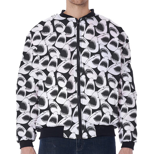 White And Grey Shark Pattern Print Zip Sleeve Bomber Jacket