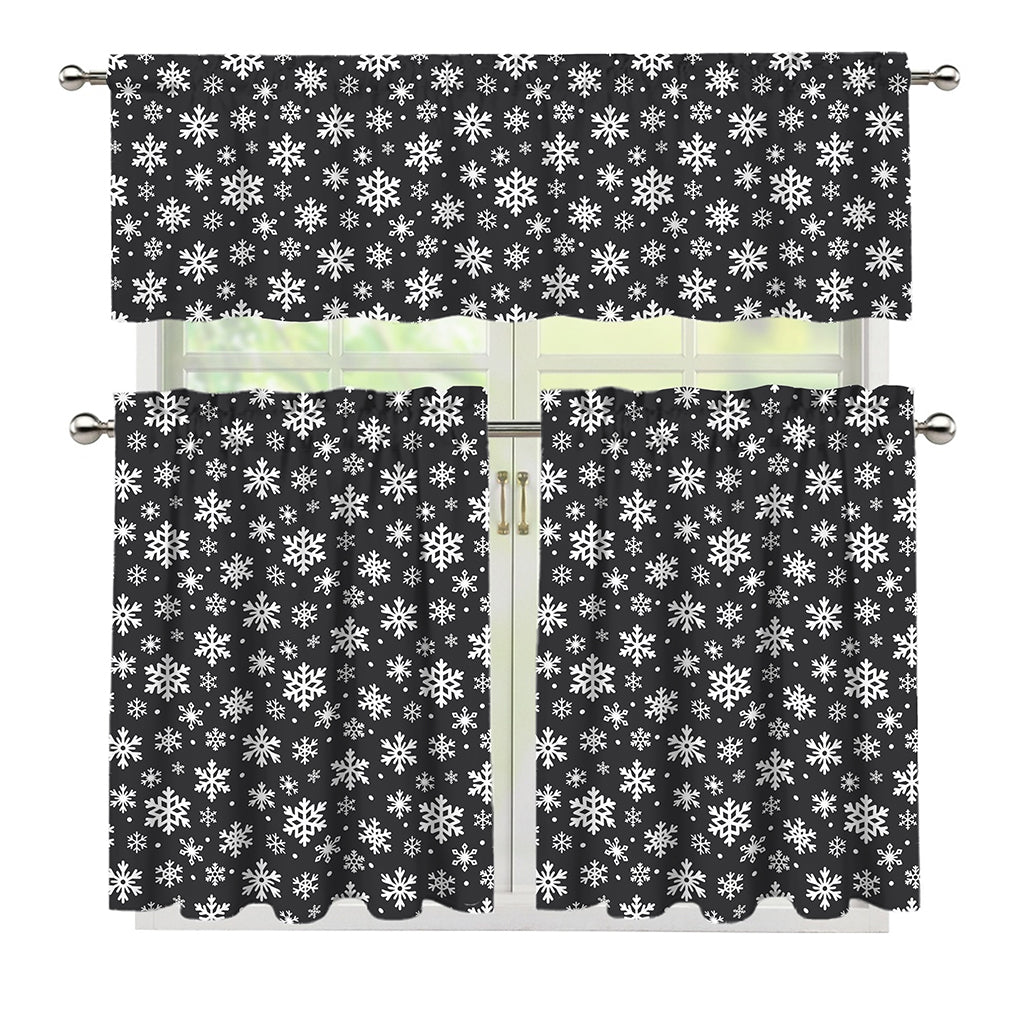 White And Grey Snowflake Pattern Print 3 Piece Kitchen Curtains