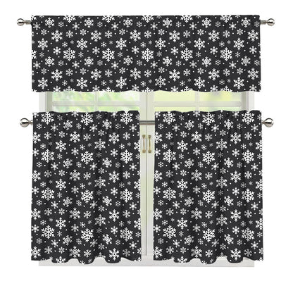 White And Grey Snowflake Pattern Print 3 Piece Kitchen Curtains