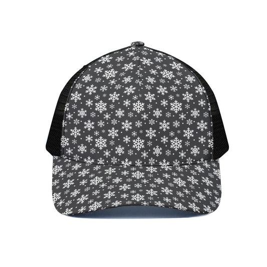 White And Grey Snowflake Pattern Print Black Mesh Trucker Cap