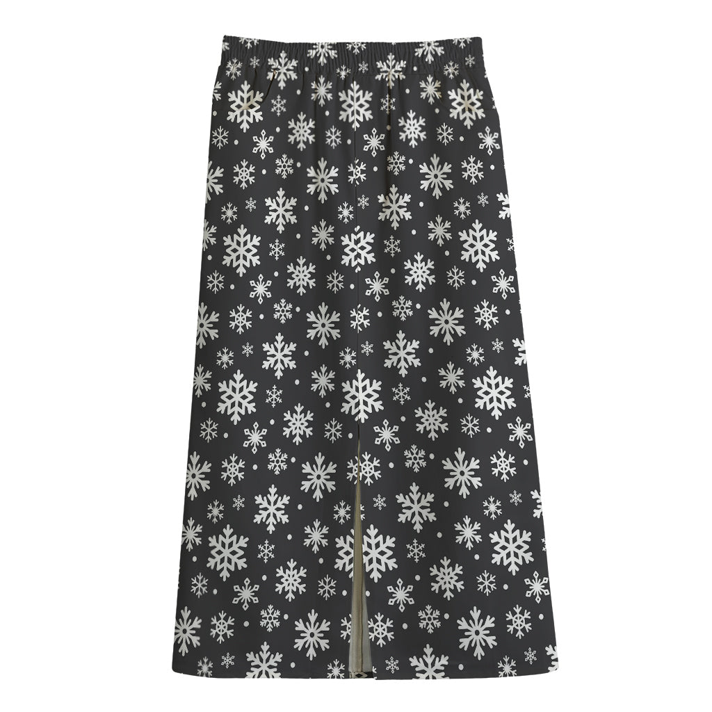 White And Grey Snowflake Pattern Print Cotton Front Slit Maxi Skirt