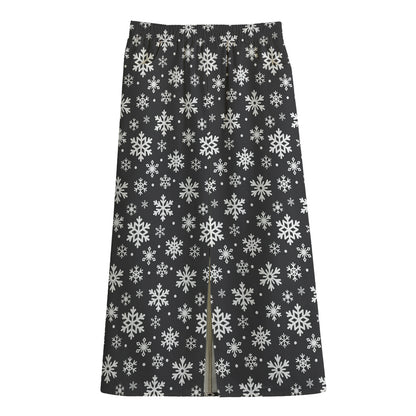 White And Grey Snowflake Pattern Print Cotton Front Slit Maxi Skirt