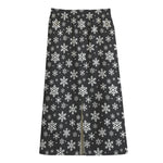 White And Grey Snowflake Pattern Print Cotton Front Slit Maxi Skirt