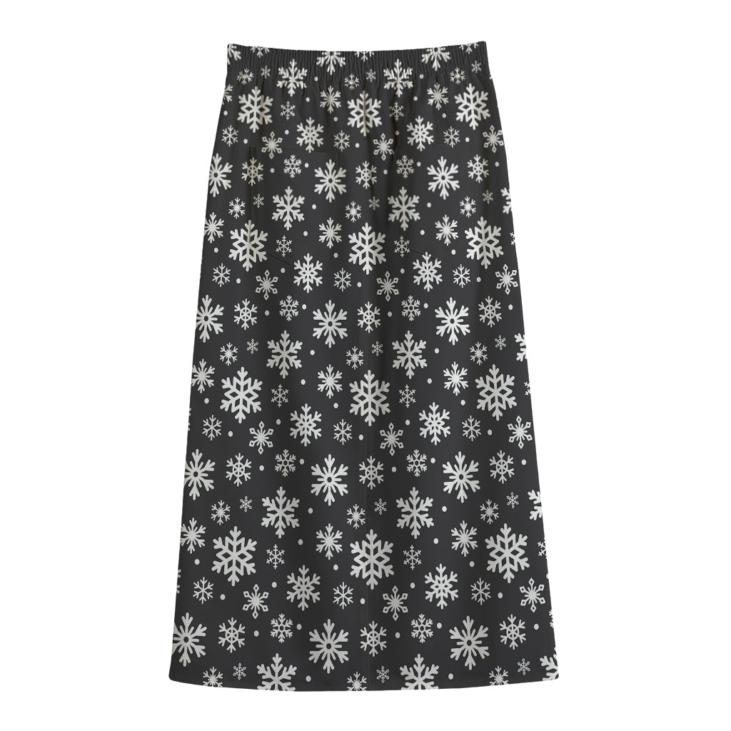 White And Grey Snowflake Pattern Print Cotton Front Slit Maxi Skirt