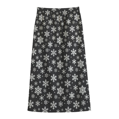 White And Grey Snowflake Pattern Print Cotton Front Slit Maxi Skirt