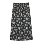 White And Grey Snowflake Pattern Print Cotton Front Slit Maxi Skirt