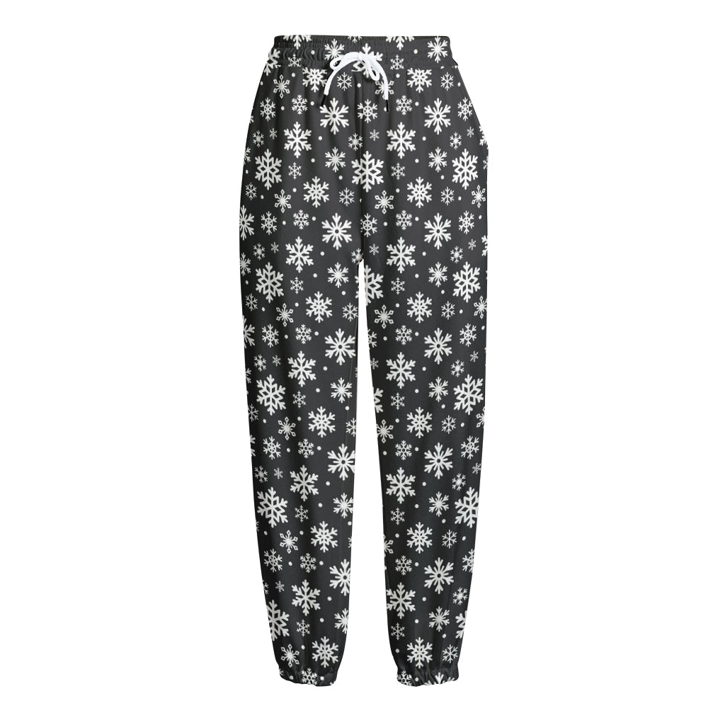 White And Grey Snowflake Pattern Print Fleece Lined Knit Pants