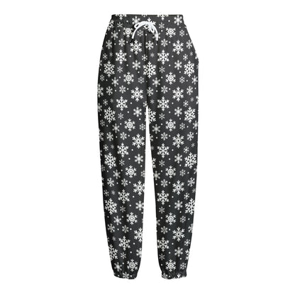 White And Grey Snowflake Pattern Print Fleece Lined Knit Pants