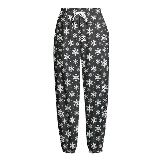 White And Grey Snowflake Pattern Print Fleece Lined Knit Pants