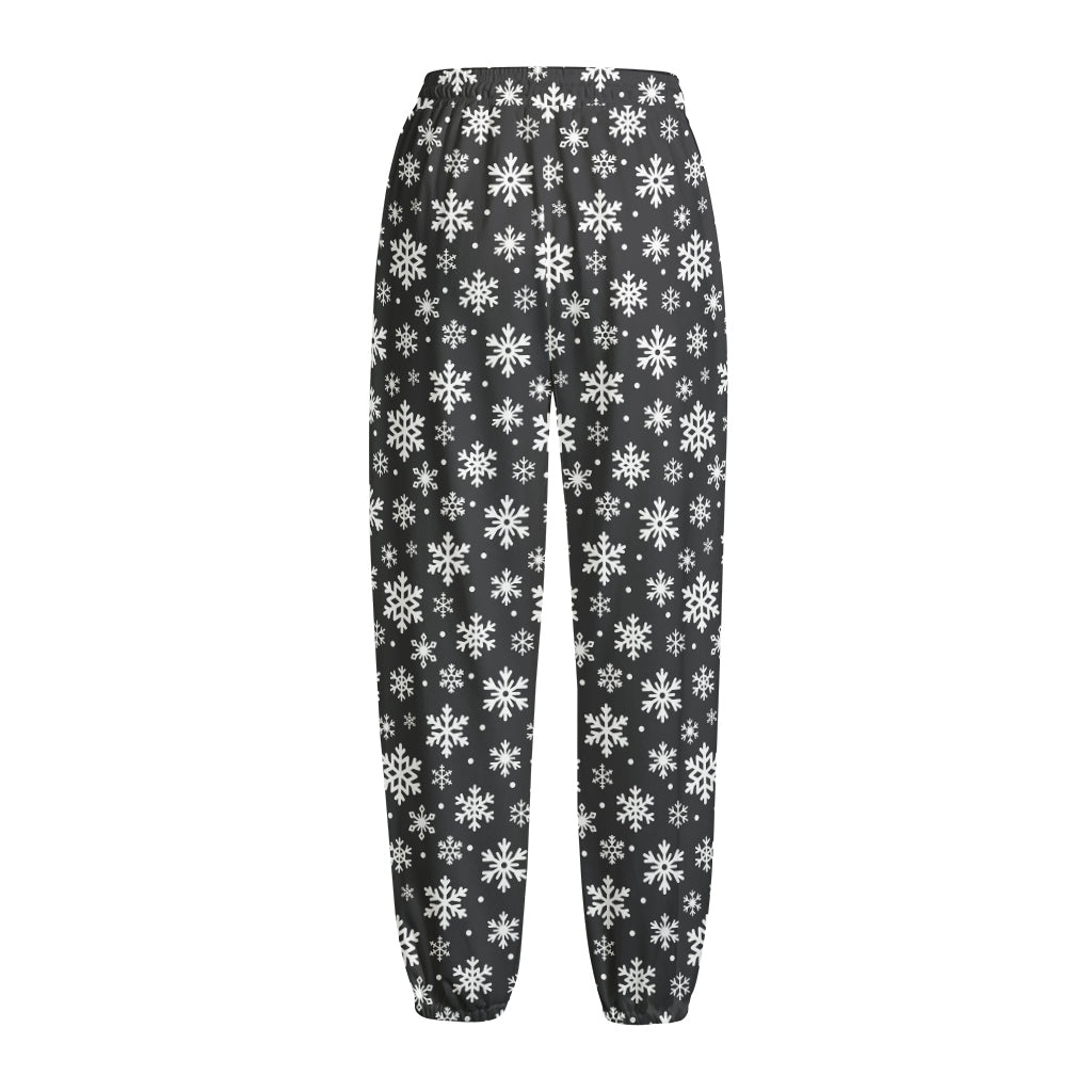 White And Grey Snowflake Pattern Print Fleece Lined Knit Pants