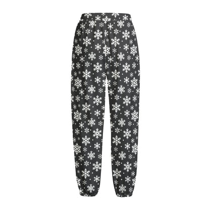 White And Grey Snowflake Pattern Print Fleece Lined Knit Pants