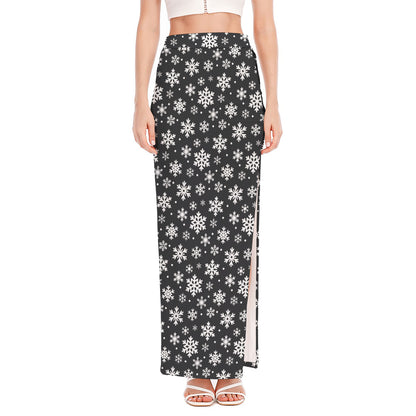 White And Grey Snowflake Pattern Print High Slit Maxi Skirt