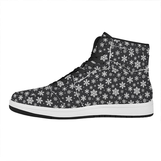 White And Grey Snowflake Pattern Print High Top Leather Sneakers
