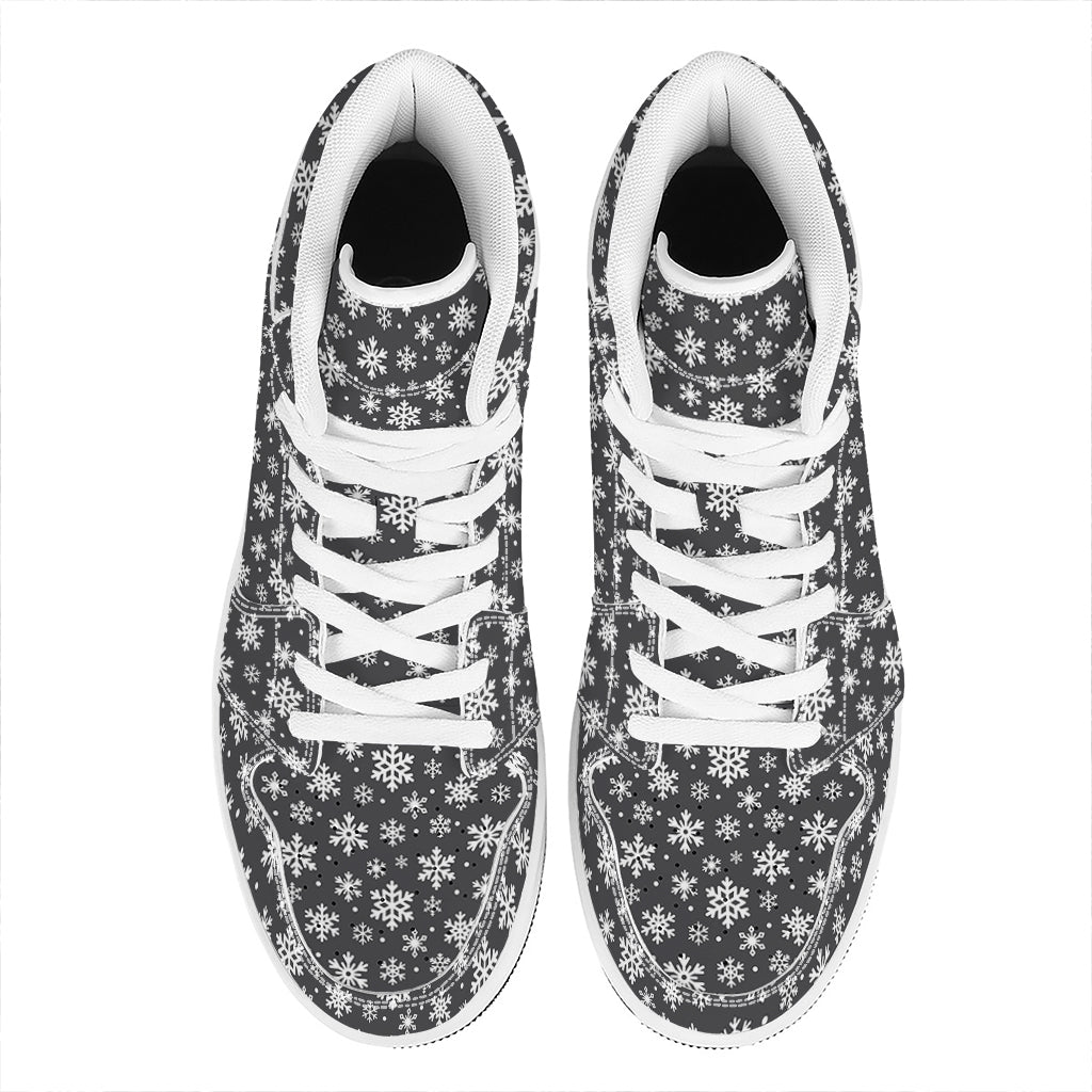 White And Grey Snowflake Pattern Print High Top Leather Sneakers