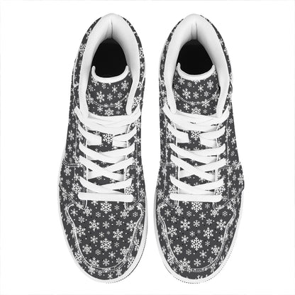 White And Grey Snowflake Pattern Print High Top Leather Sneakers