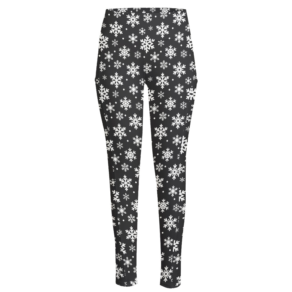White And Grey Snowflake Pattern Print High-Waisted Pocket Leggings