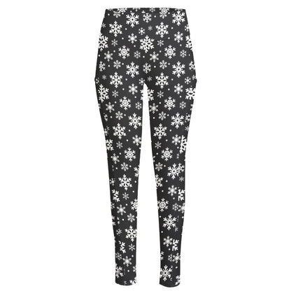 White And Grey Snowflake Pattern Print High-Waisted Pocket Leggings